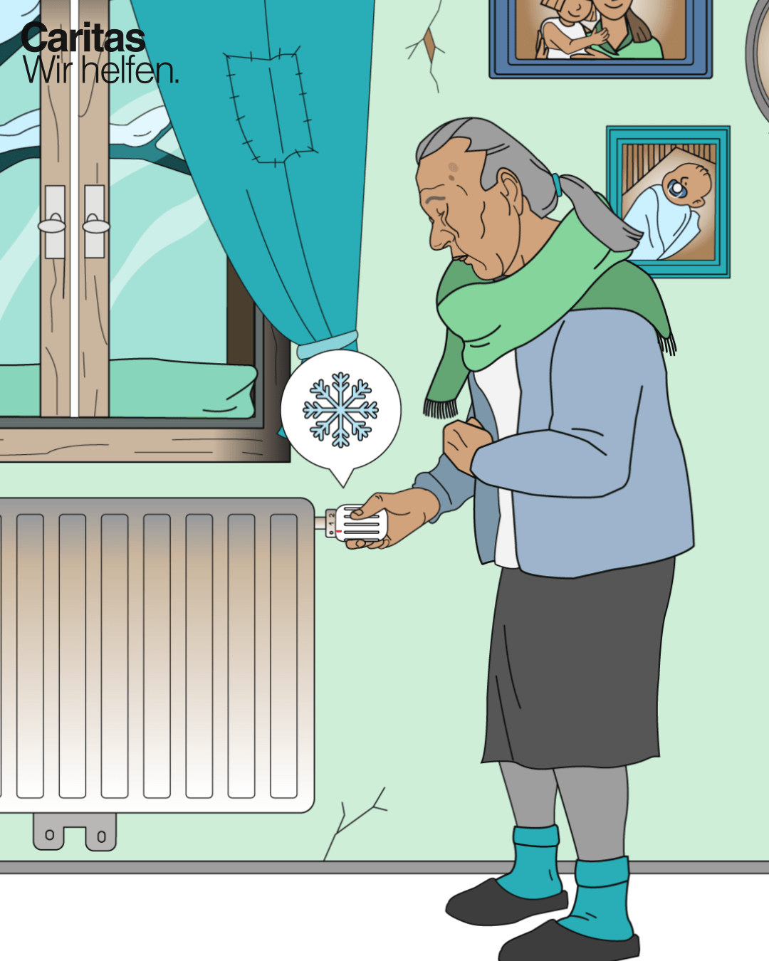 Ältere Dame dreht an der Heizung, ihr ist kalt – Erklärvideo Caritas Ausgleichszulage, Animation Stil M, erklär’s mir