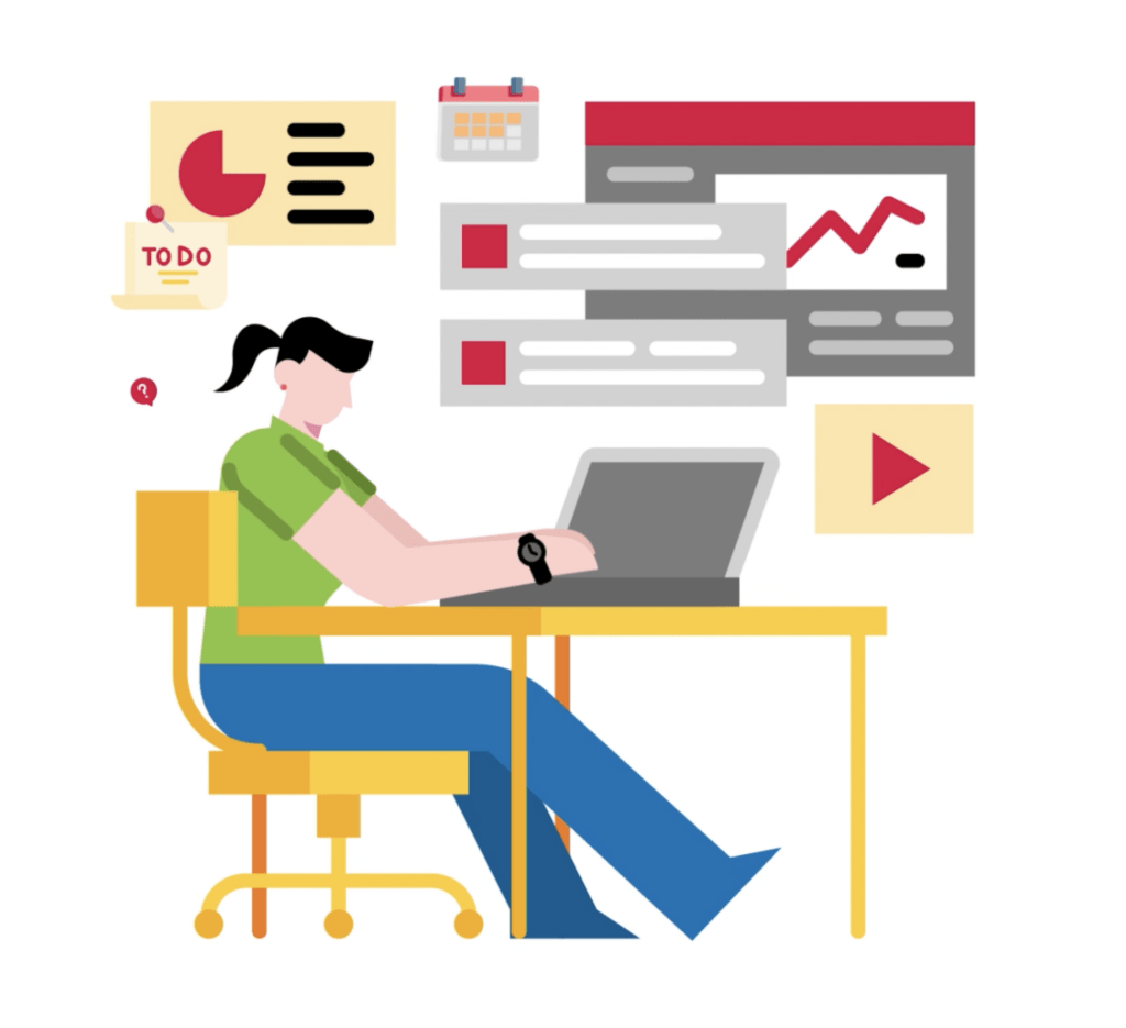 Eine Frau arbeitet am Computer, darüber sind Aufgaben und das Logo der FH JOANNEUM zu sehen – Erklärvideo, Animation Stil XS