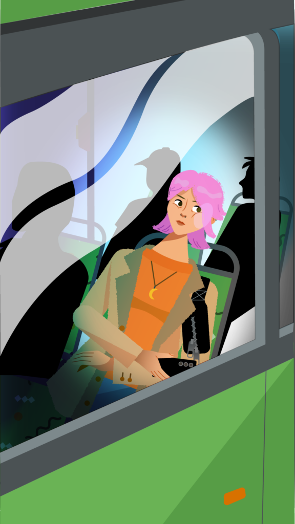 Erklärvideo Mobilitätswende EU_Chile Deal. Frau sitzt mit dem Bus im Stau und lehnt den Kopf an die Scheibe
