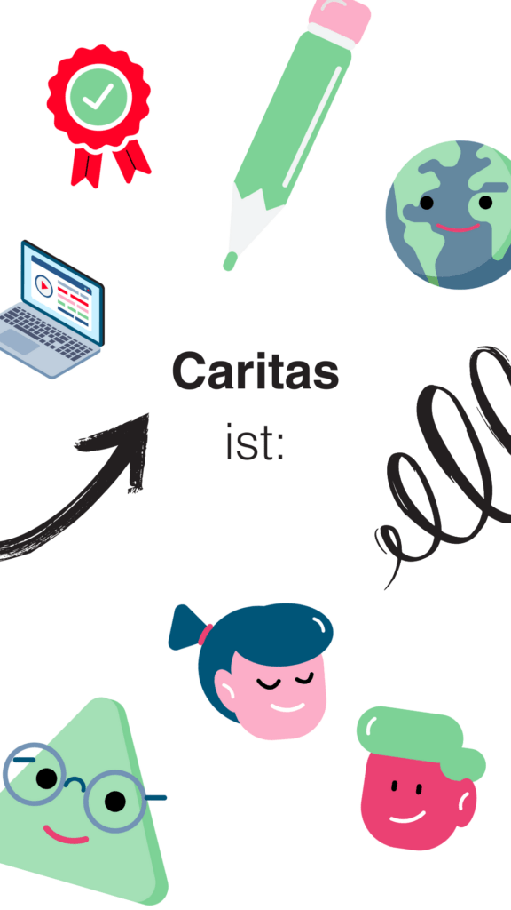Social-Media-Grafik für ein Employer-Branding-Erklärvideo der Caritas. Text: „Caritas ist:“ begleitet von Icons wie Auszeichnung, Stift, Weltkugel, geschwungene Linie, Köpfe, Gesicht, gezeichneter Stift und Laptop.