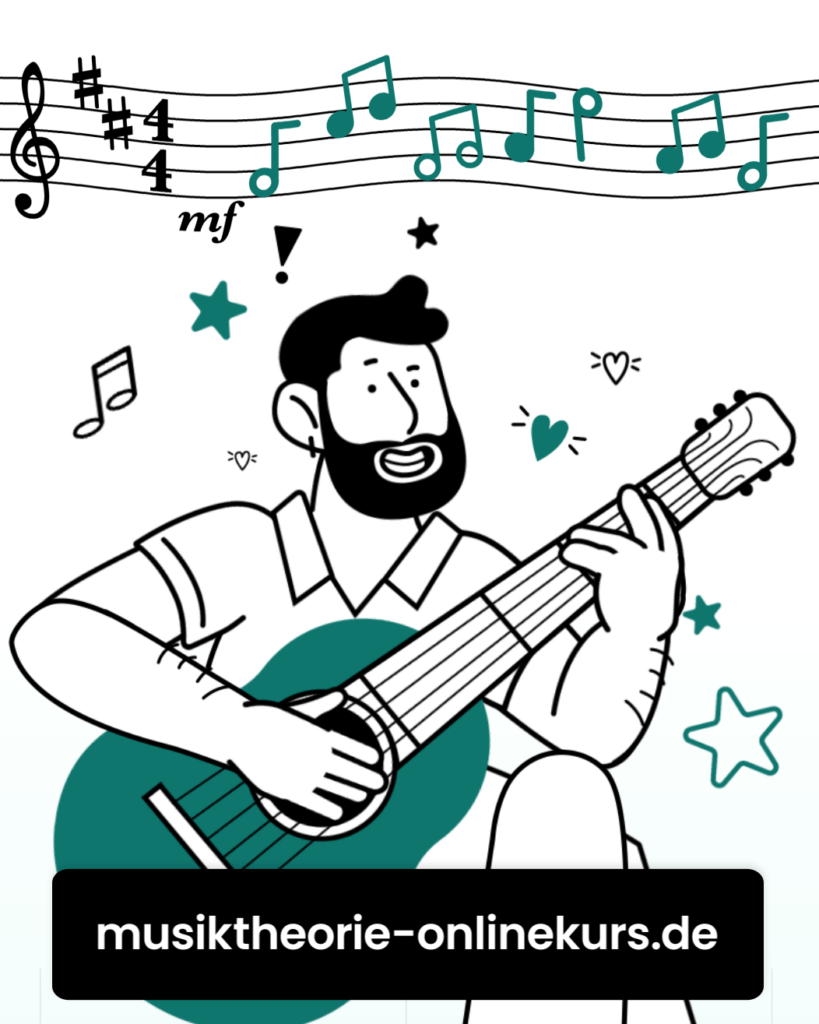 Animiertes Social-Media-Video für die Plattform Musiktheorie Online, Auftraggeber Mukken. Ein Gitarrist spielt Musik, über ihm sind Noten zu sehen, zusätzlich fliegen Herzen, Sterne und Noten über dem Musiker.