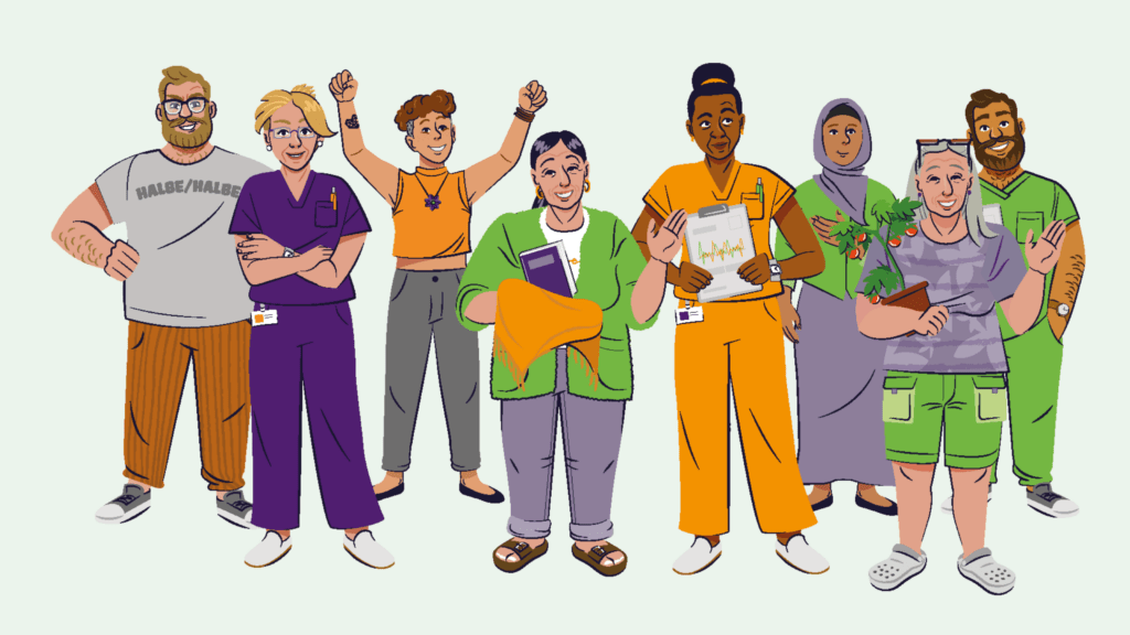 Illustration verschiedener Personas aus dem Illustrationsbaukasten für den Auftraggeber fair sorgen!, dargestellt sind Menschen aus Pflege und Carearbeit.