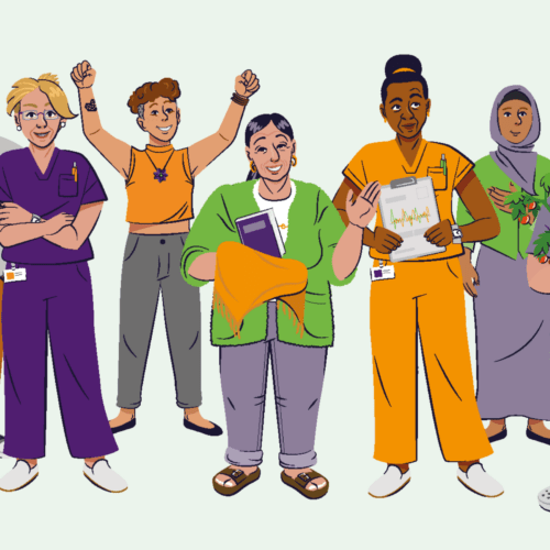 Illustration verschiedener Personas aus dem Illustrationsbaukasten für den Auftraggeber fair sorgen!, dargestellt sind Menschen aus Pflege und Carearbeit.