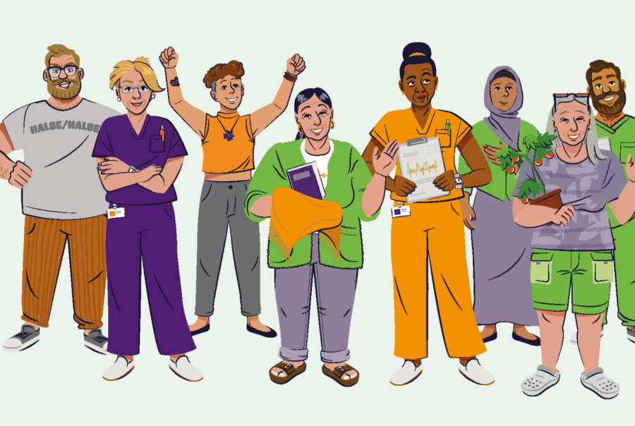 Illustration verschiedener Personas aus dem Illustrationsbaukasten für den Auftraggeber fair sorgen!, dargestellt sind Menschen aus Pflege und Carearbeit.