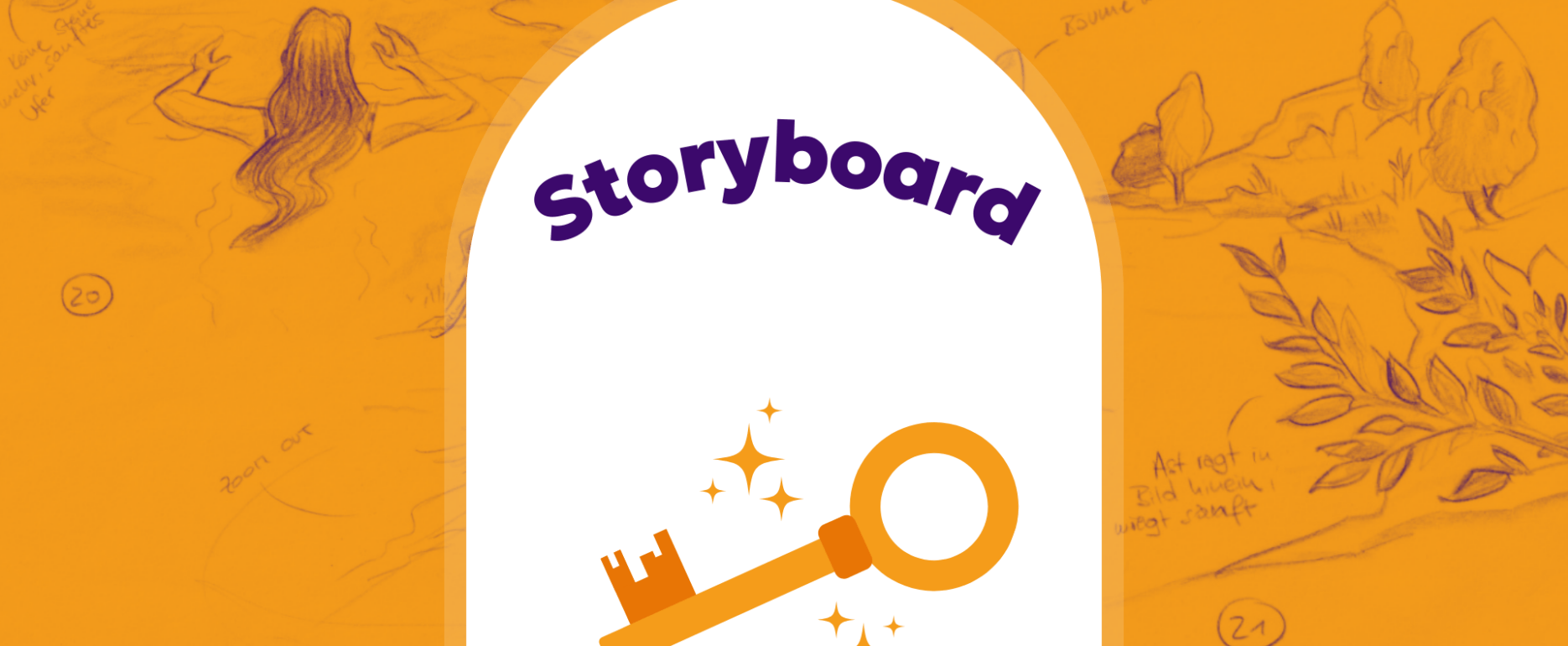 Titelbild für einen Blogbeitrag über Storyboards. Im Hintergrund blasse Storyboard-Illustrationen auf orangenem Hintergrund, davor eine Form, die eine Tür symbolisiert, und ein Schlüssel.
