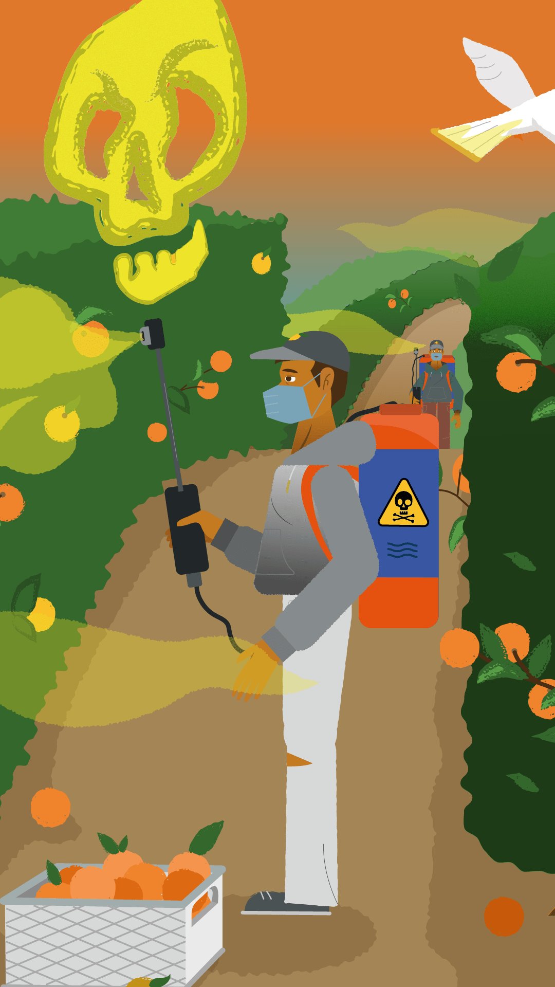 Illustration aus dem Social-Media-Video für Anders Handeln: Agrarwende. Ein Mann arbeitet auf einer Plantage und versprüht Pestizide.