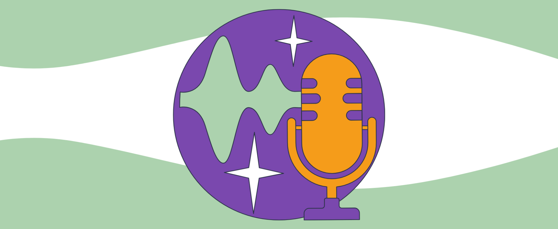 Grafik mit Mikrofon, Sound Waves und Sternen auf weißgrünem Hintergrund als Titelbild für Blogbeitrag zum Thema Voiceover