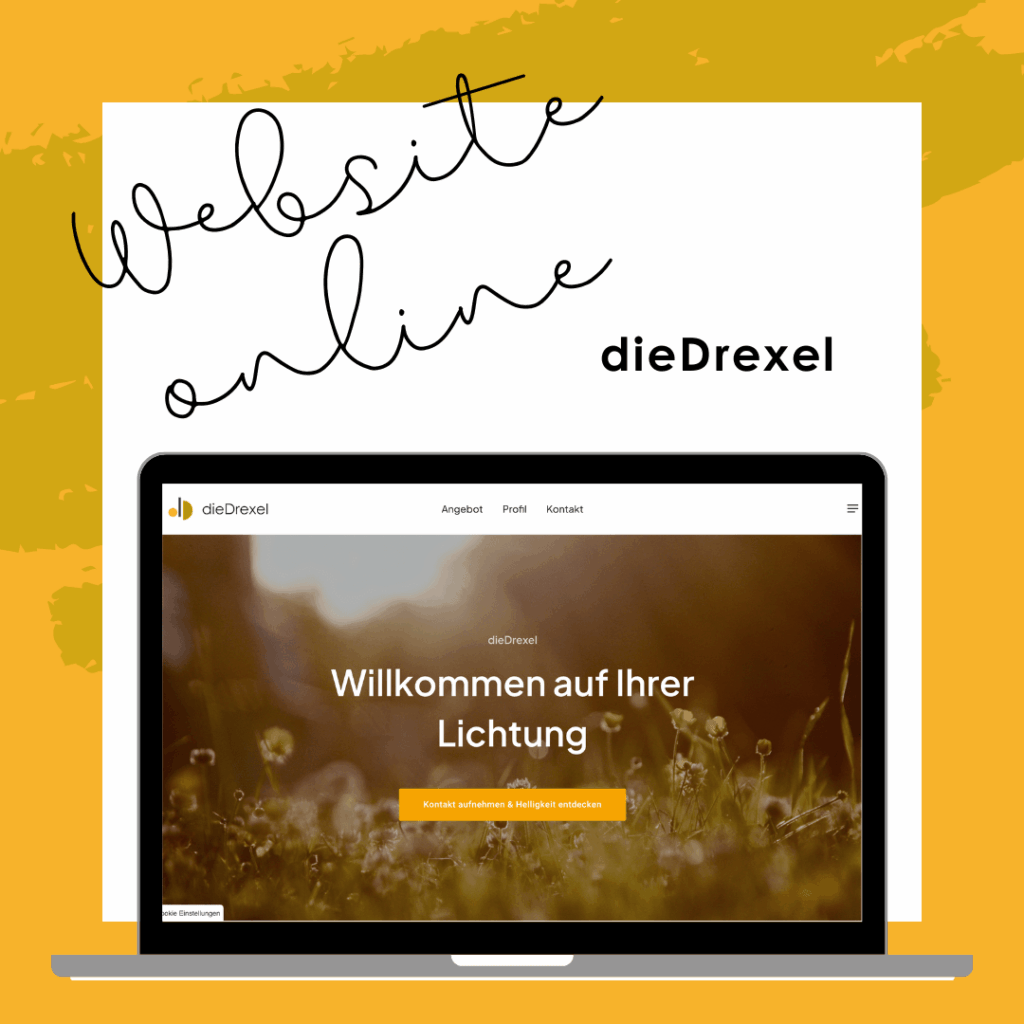Laptop-Mockup mit der online geschalteten Website von dieDrexel vor orangem Hintergrund