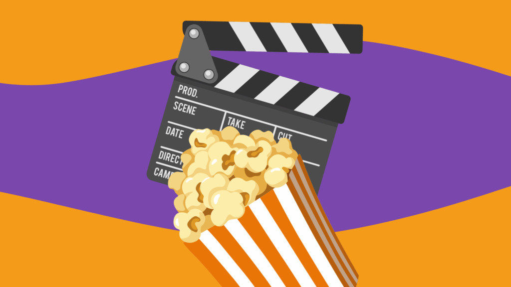 Titelbild für Blogbeitrag über Kinowerbespot der Caritas: illustrierte Filmklappe und Popcorn vor violett-orangefarbenen organischen Formen
