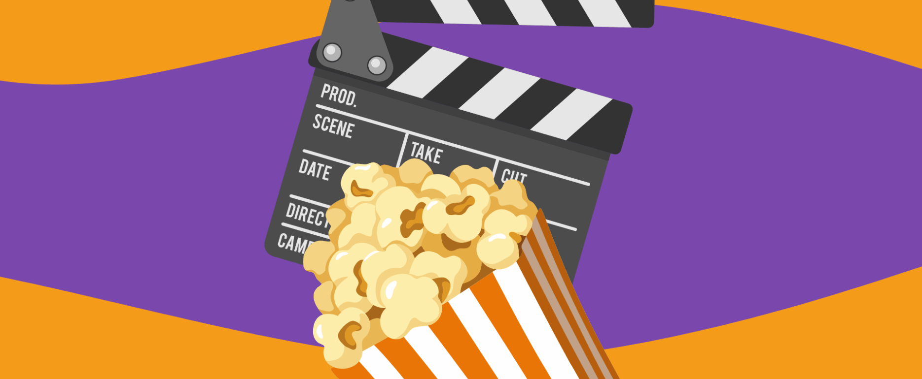 Titelbild für Blogbeitrag über Kinowerbespot der Caritas: illustrierte Filmklappe und Popcorn vor violett-orangefarbenen organischen Formen