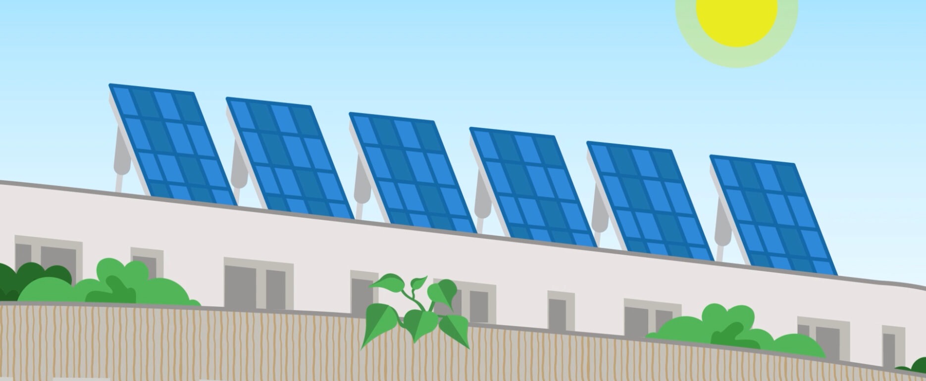 Illustration eines Hausdachs mit Solaranlagen, grünen Pflanzen und Sonnenschein aus dem Caritas Green Deal Erklärvideo