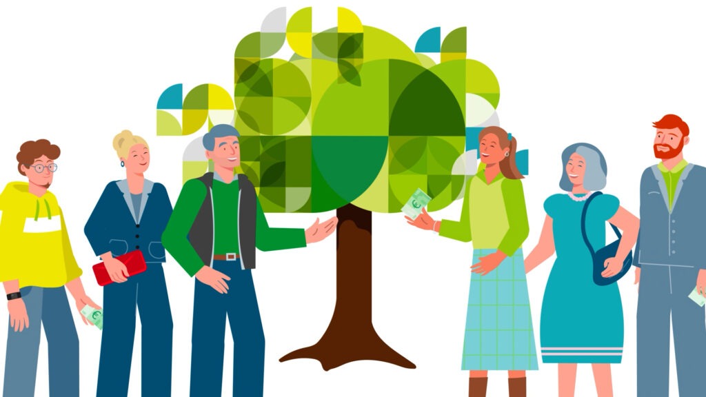 Menschen vor einem abstrakten Baum