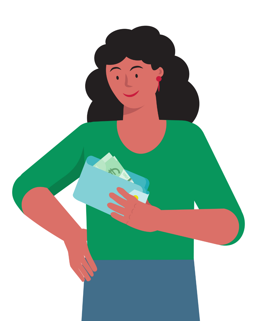 Illustration einer Investorin für das Erklärvideo des Caritas GreenDeal, hält eine Geldbörse in der Hand, symbolisiert nachhaltige Investition.
