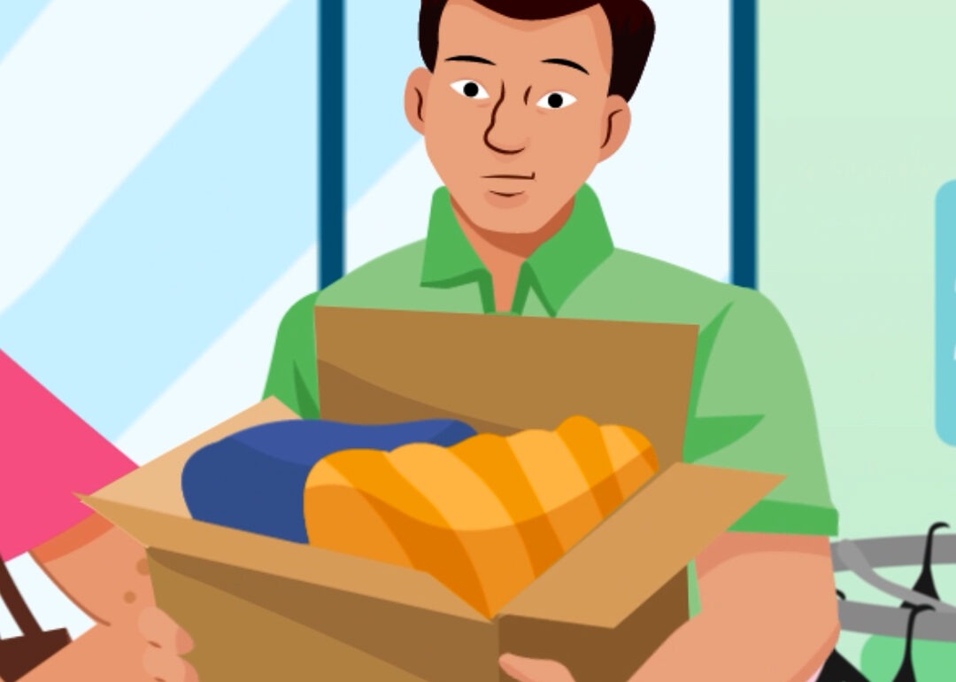 Illustration eines Mannes, der eine Box mit Kleidung zum carla Shop trägt, aus der Social Media Clip Reihe