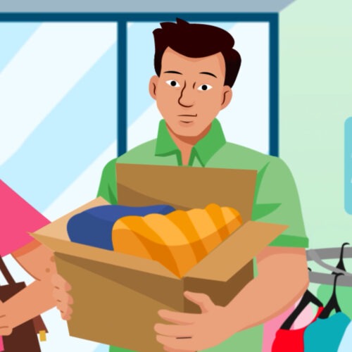 Illustration eines Mannes, der eine Box mit Kleidung zum carla Shop trägt, aus der Social Media Clip Reihe