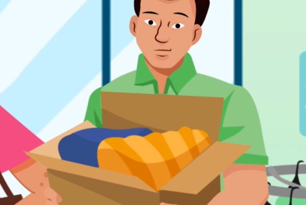 Illustration eines Mannes, der eine Box mit Kleidung zum carla Shop trägt, aus der Social Media Clip Reihe