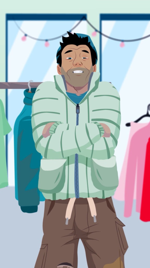 Ein Mann friert bevor er seine neue Jacke erhält.