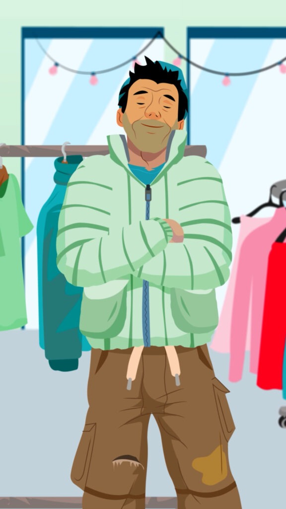 Ein Mann im carla Shop wird von seiner neuen Jacke gewärnt.