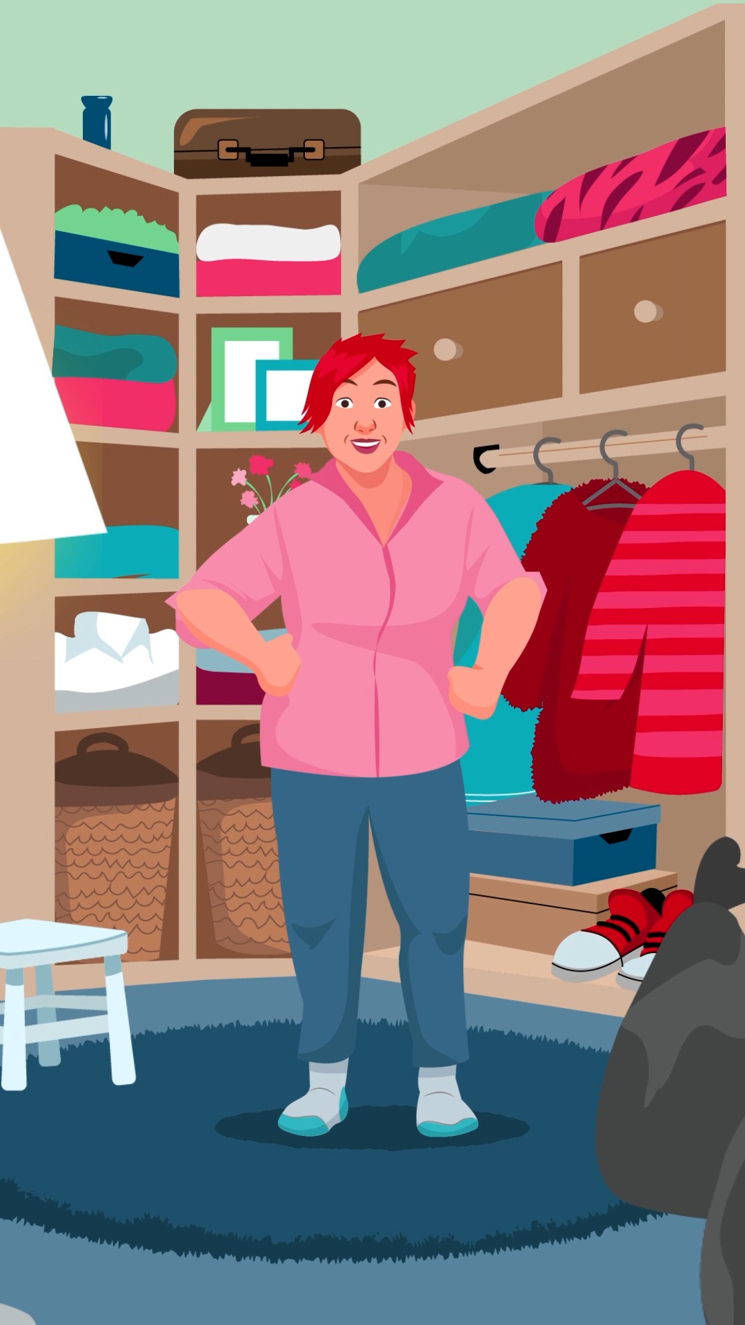 Illustration von Brigitte vor ihrem aussortierten Kleiderschrank in einem aufgeräumten Zimmer
