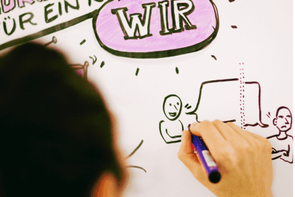 Veronika Götz beim Graphic Recording – Zukunftsbilder für ein neues WIR Fotografie von Veronika Götz beim Graphic Recording, über die Schulter aufgenommen, zeigt den Text „Zukunftsbilder für ein neues WIR“.