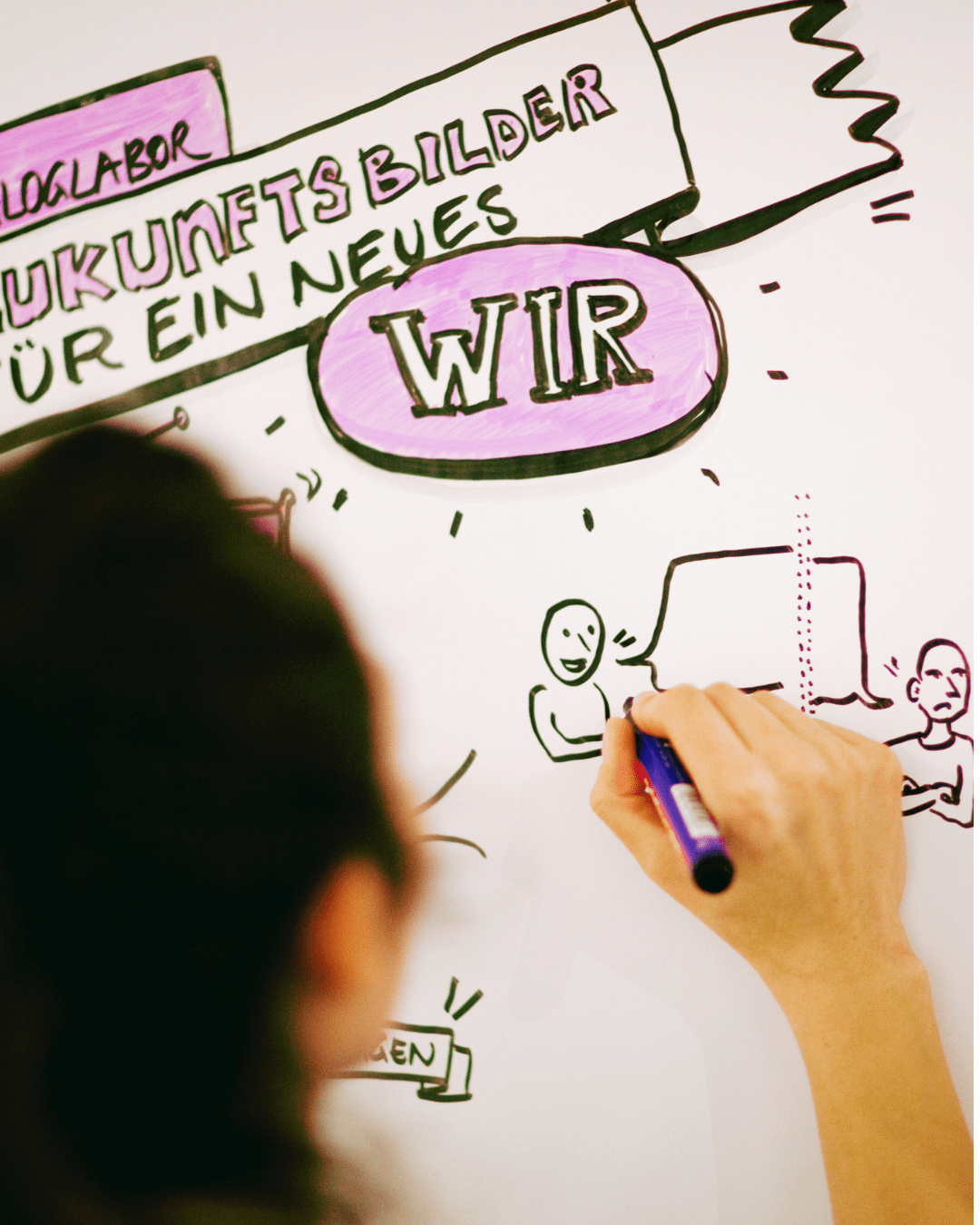 Fotografie von Veronika Götz beim Graphic Recording, über die Schulter aufgenommen, zeigt den Text „Zukunftsbilder für ein neues WIR“.
