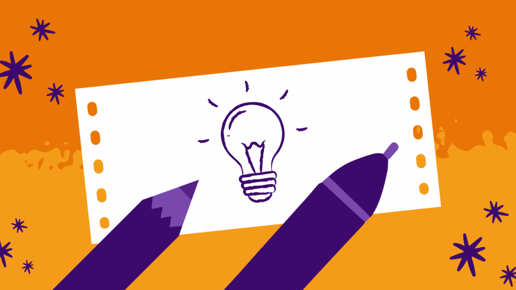 Titelbild für Graphic Recording „Wege zur Sichtbarmachung deines Events“ mit orangefarbenem Hintergrund, zeigt Stifte, Kugelschreiber, Sterne und eine Glühbirne.