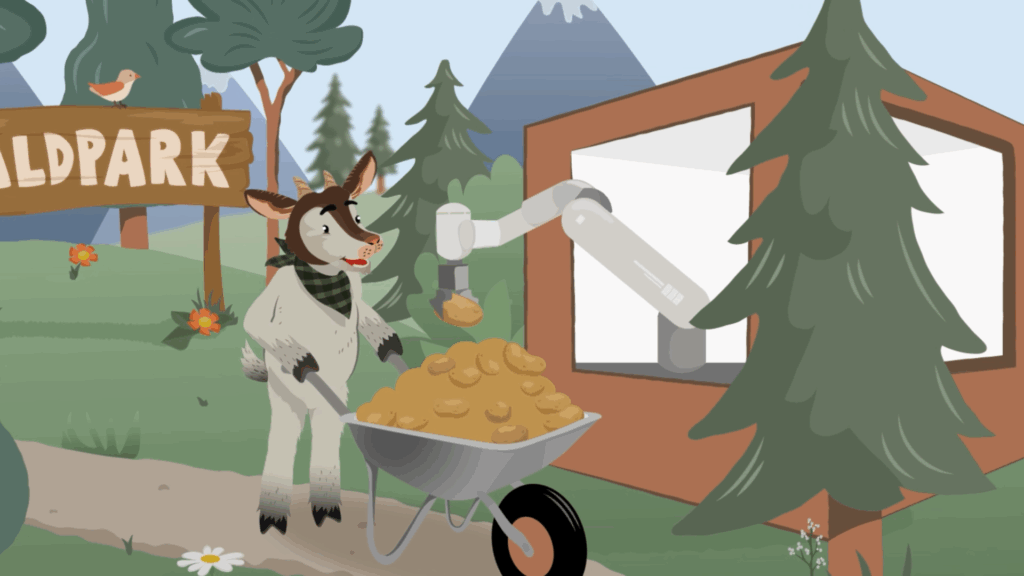 Illustration aus dem Erklärvideo zeigt die Sympathiefigur Ziege Guguck, die Kartoffeln mit einer Schubkarre zum Chipsroboter liefert.