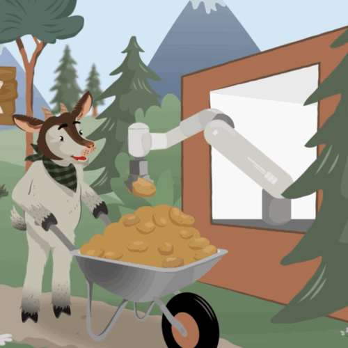 Illustration aus dem Erklärvideo zeigt die Sympathiefigur Ziege Guguck, die Kartoffeln mit einer Schubkarre zum Chipsroboter liefert.