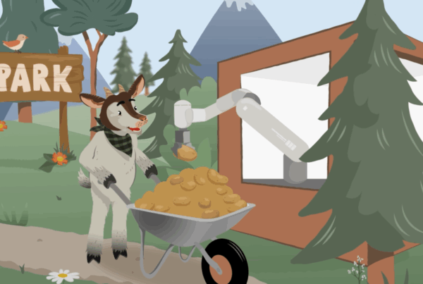 Illustration aus dem Erklärvideo zeigt die Sympathiefigur Ziege Guguck, die Kartoffeln mit einer Schubkarre zum Chipsroboter liefert.