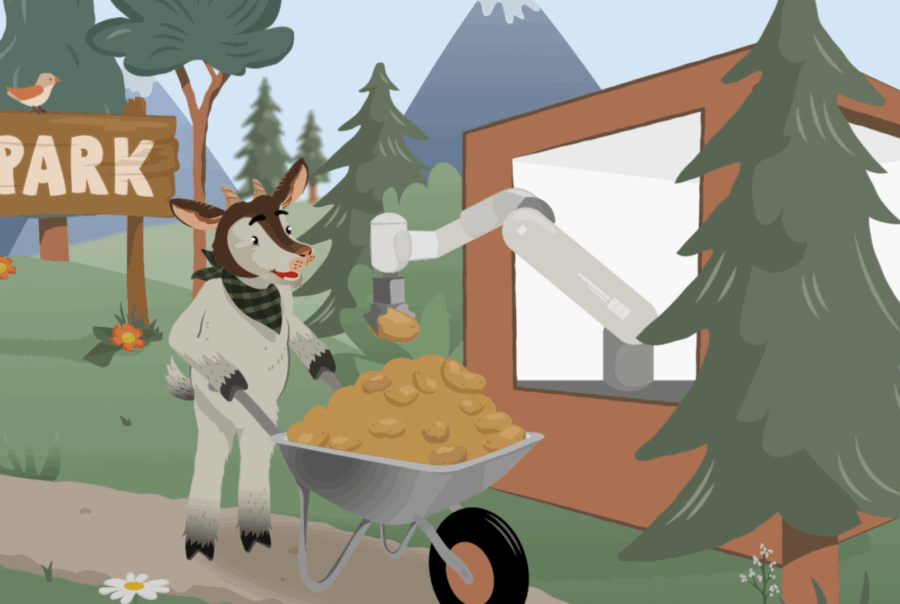 Illustration aus dem Erklärvideo zeigt die Sympathiefigur Ziege Guguck, die Kartoffeln mit einer Schubkarre zum Chipsroboter liefert.