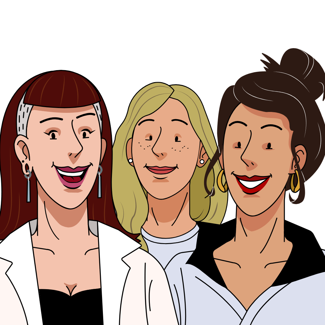 Illustration des Teams von erklär’s mir von Laura Schindler, zeigt Laura Schindler, Veronika Götz und Bernadette Pößnicker.