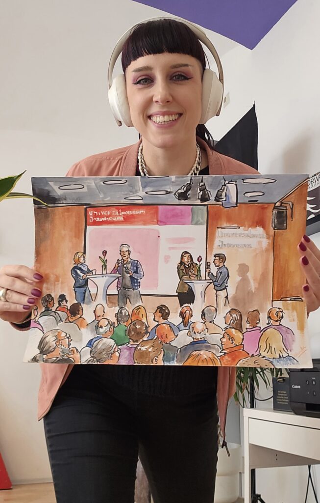 Laura Schindler zeigt visuelle Event-Zusammenfassung – Universalmuseum Joanneum Fotografie von Laura Schindler, die die visuelle Zusammenfassung eines Events im Universalmuseum Joanneum zeigt, analog mit Wasserfarben umgesetzt.