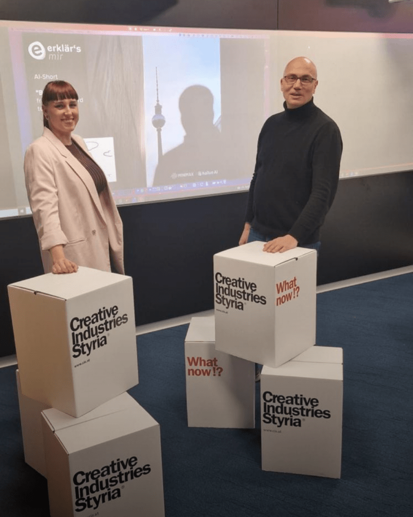 2025 sind wir bewusst am Puls der Zeit geblieben. Im Rahmen eines KI-Kompetenzworkshops im Lendhafen, veranstaltet von Markus Tröscher, und unterrichtet von Manuela Klauser entwickelte Laura in 6 Stunden einen KI-Film im Realfilm Look. Inklusive Sound Design und Voiceover. Präsentiert wurde der Outcome im Atelier von Rainer Gussmagg.