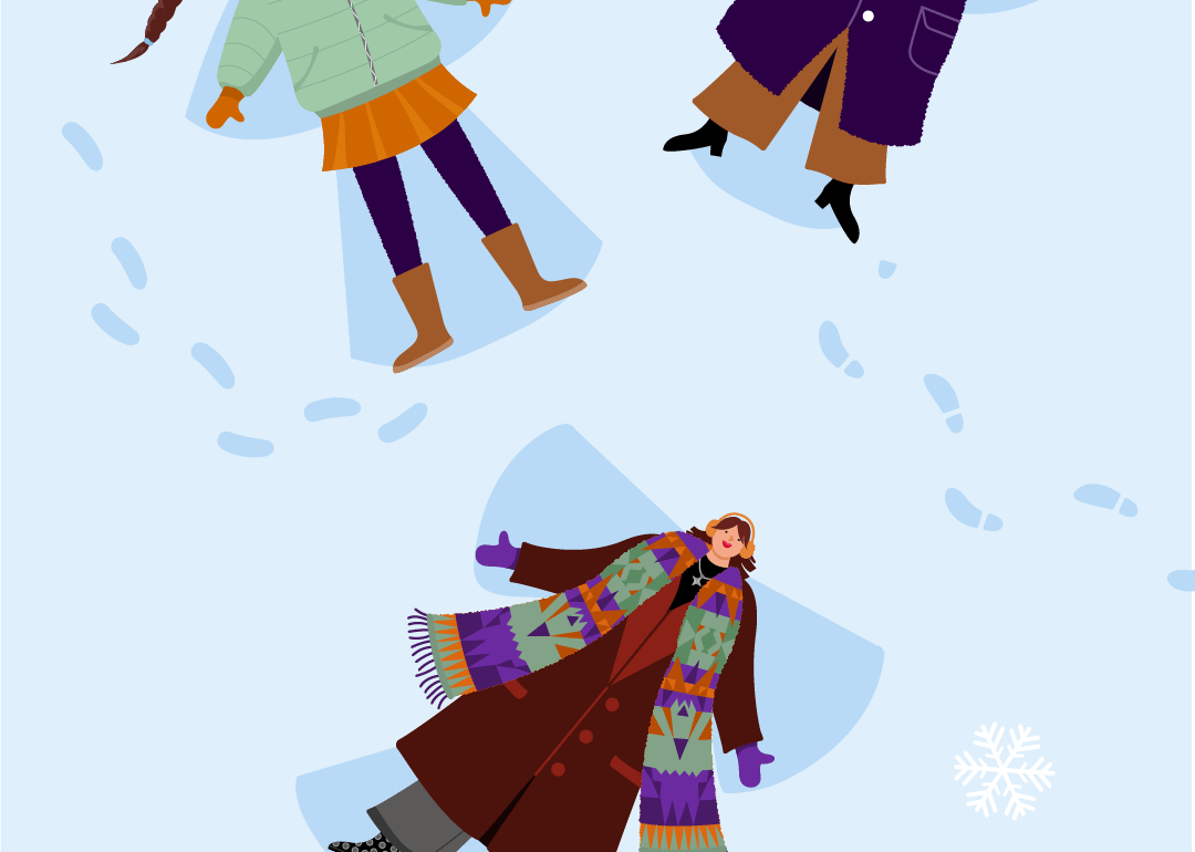 Titelbild für Blogbeitrag Jahresrückblick 2025: auf hellblauem Hintergrund sind drei illustrierte Charaktere zu sehen, die Schneeengel machen. Zu sehen sind auch Schneeflocken.