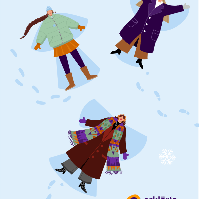 Titelbild für Blogbeitrag Jahresrückblick 2025: auf hellblauem Hintergrund sind drei illustrierte Charaktere zu sehen, die Schneeengel machen. Zu sehen sind auch Schneeflocken.