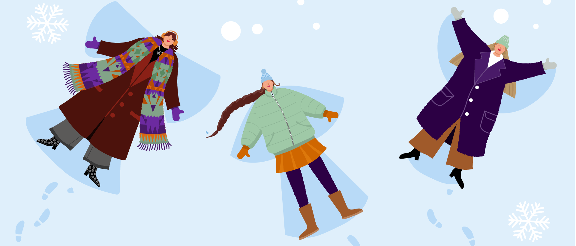 Titelbild für Blogbeitrag Jahresrückblick 2025: auf hellblauem Hintergrund sind drei illustrierte Charaktere zu sehen, die Schneeengel machen. Zu sehen sind auch Schneeflocken.