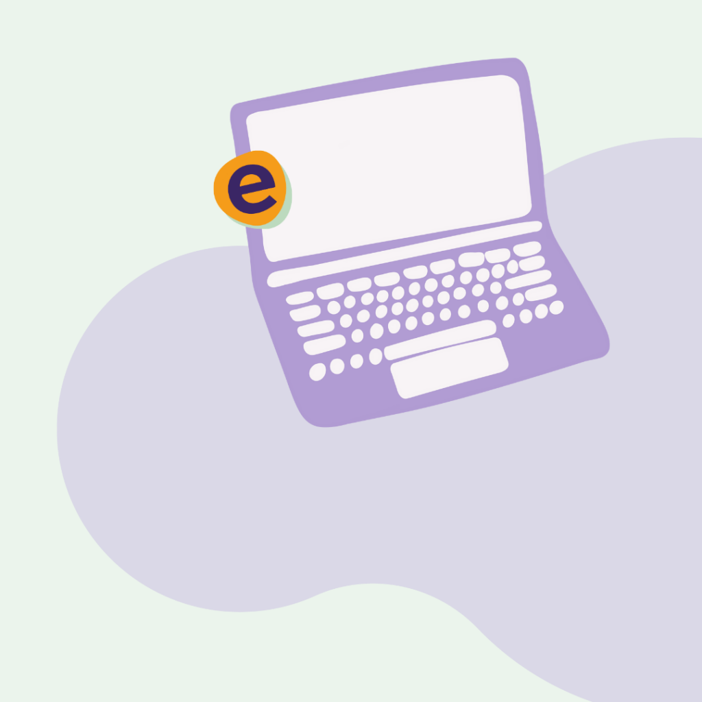 Laptop auf grün-lila Hintergrund mit erklär's mir Logo