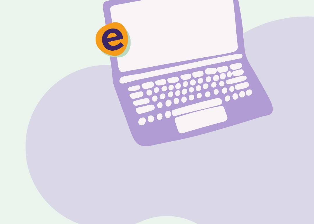 Laptop auf grün-lila Hintergrund mit erklär's mir Logo