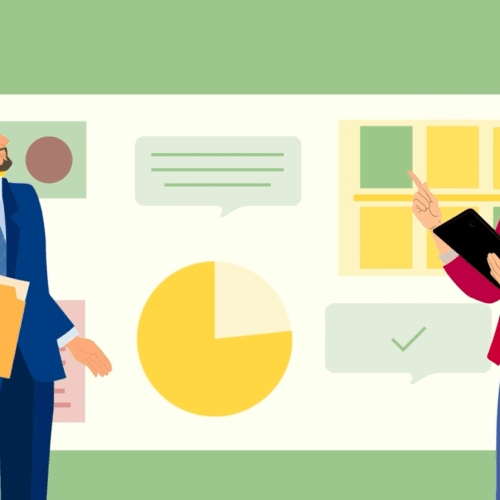 Illustration aus dem Erklärvideo: zeigt die Gemeinderäte bei der Arbeit. Im Hintergrund sind animierte Grafiken zu sehen.