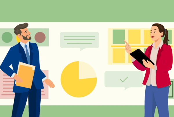 Illustration aus dem Erklärvideo: zeigt die Gemeinderäte bei der Arbeit. Im Hintergrund sind animierte Grafiken zu sehen.