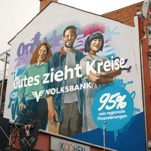 Graffiti-Wandgestaltung für die Volksbank mit handgemalten Charakteren und Street-Art-Elementen
