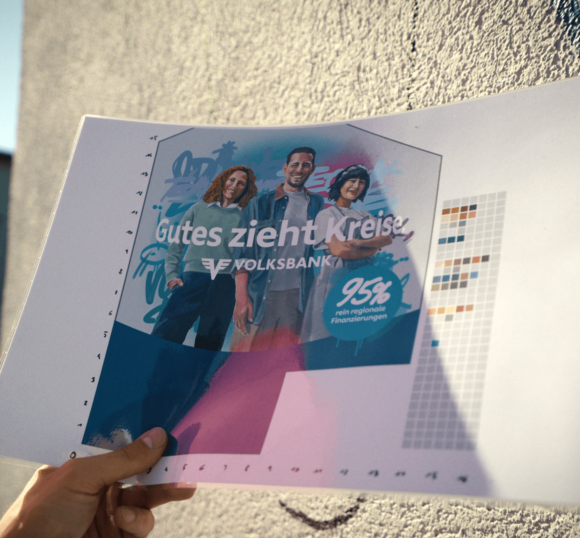 Konzeptskizzen und Entwürfe für die Graffiti-Wandgestaltung der Volksbank